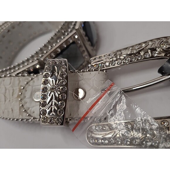 Genuine Leather Belt White Silver Buckle Studded Mirror Style Western Rock Retro main image 15